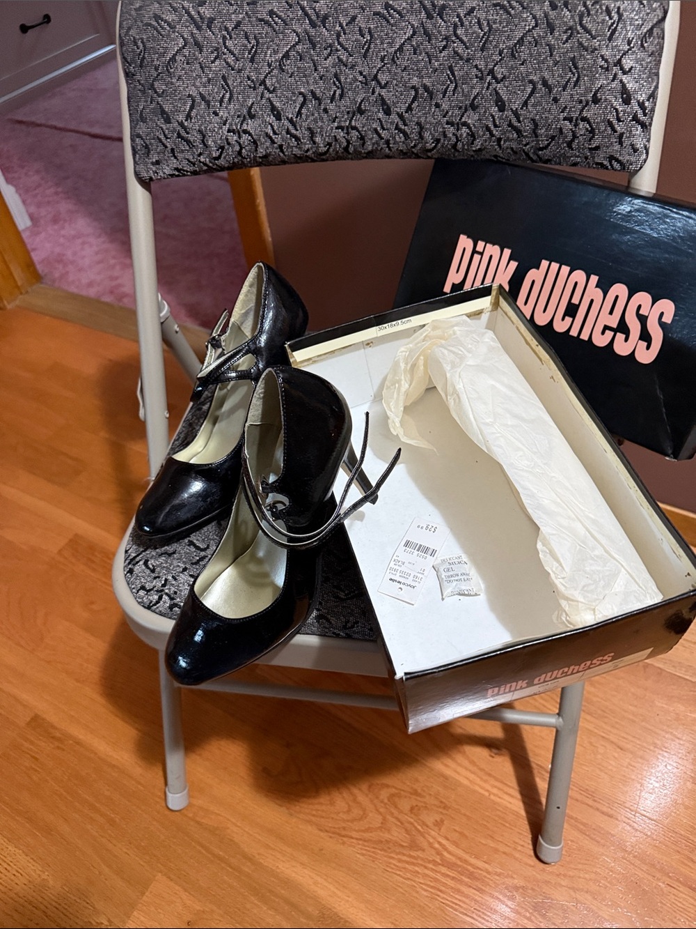 Black Patent Mary Jane Heels with Ankle Strap